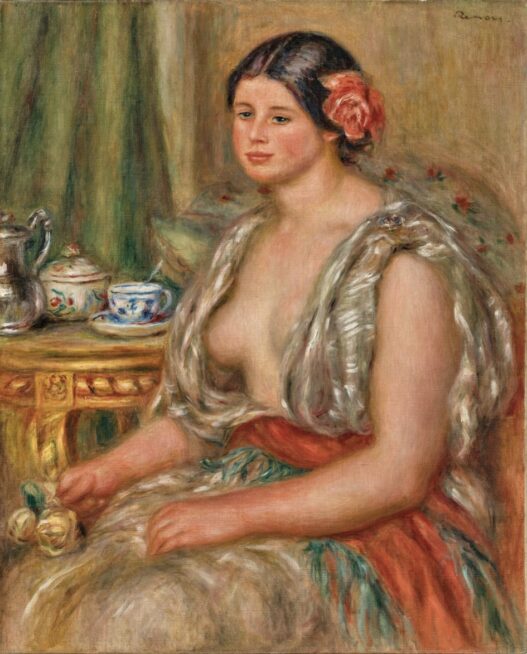 Pierre-Auguste Renoir, Jeune femme en costume oriental devant une table à thé, 1909–10 Oil on canvas, 31 ⅞ × 26 inches (81 × 65.9 cm)