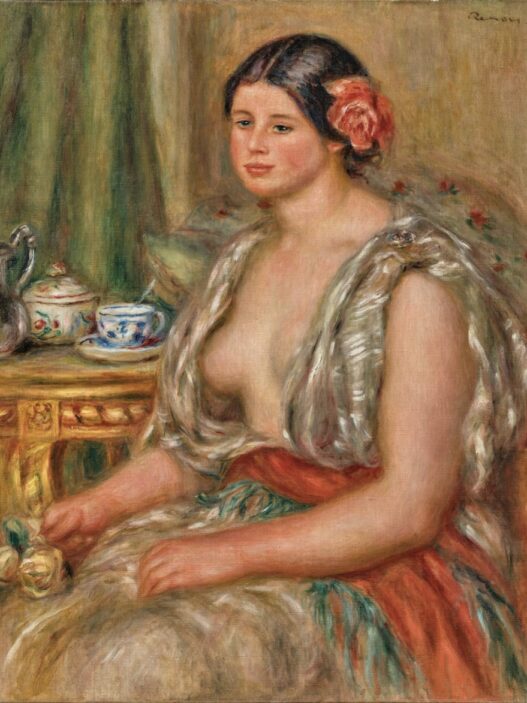 Pierre-Auguste Renoir, Jeune femme en costume oriental devant une table à thé, 1909–10 Oil on canvas, 31 ⅞ × 26 inches (81 × 65.9 cm)