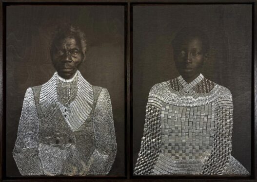 Sasha Huber, Tailoring Freedom – Renty and Delia, 2021. Metal staples on photograph on wood, 97 x 69 cm. Courtesy the artist, Tamara Lanier, and the Peabody Museum of Archaeology and Ethnology, Harvard University.