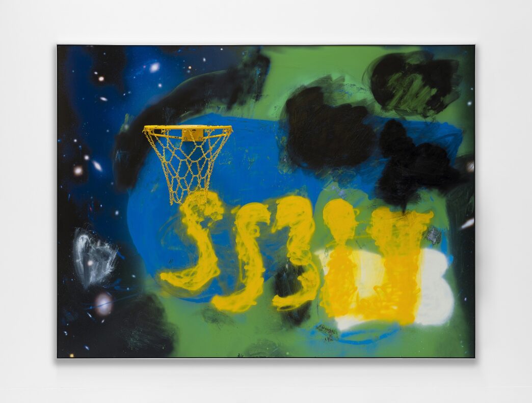 Awol Erizku, No Hesi, 2022, spray paint, regulation size basketball hoops and metal chains on printed aluminium, 243.8 x 182.9 cm; (96 x 72 in.)