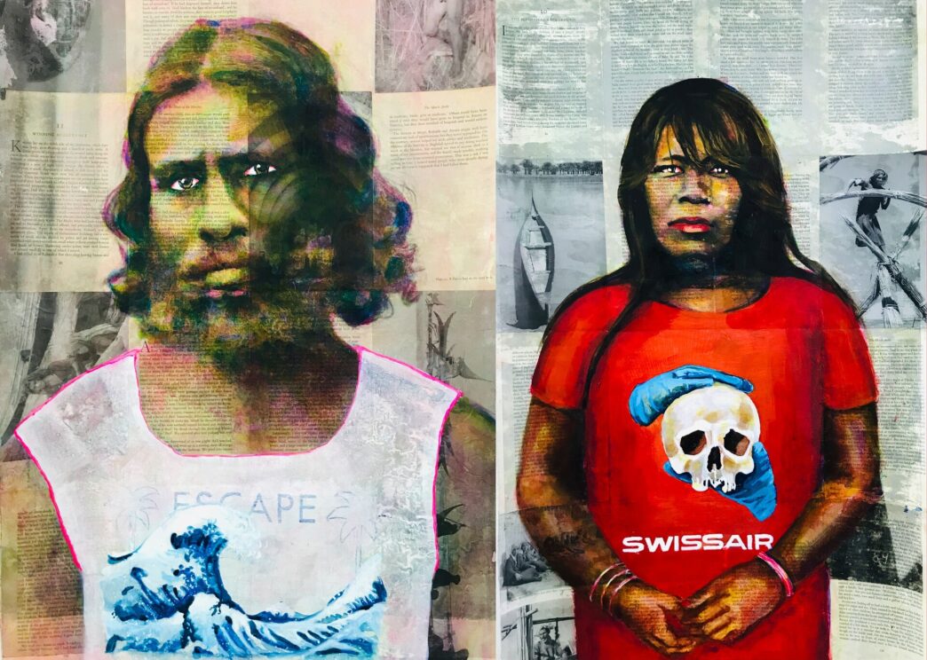 Rajkamal Kahlon, Escape and Swissair, from the series “We've Come a Long Way to Be Together,” 2022. Five mixed-media paintings on canvas. Courtesy of the artist.