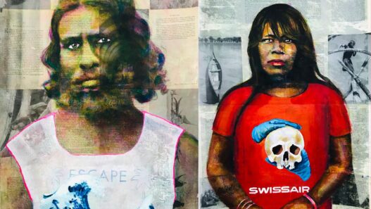 Rajkamal Kahlon, Escape and Swissair, from the series “We've Come a Long Way to Be Together,” 2022. Five mixed-media paintings on canvas. Courtesy of the artist.