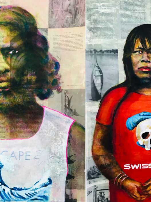 Rajkamal Kahlon, Escape and Swissair, from the series “We've Come a Long Way to Be Together,” 2022. Five mixed-media paintings on canvas. Courtesy of the artist.