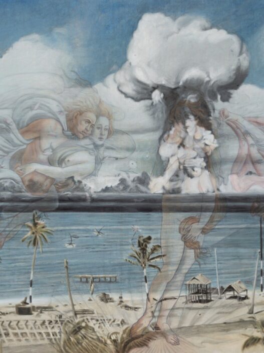 Jim Shaw, No Bikini Atoll, 2022 Oil and acrylic on muslin, 48 × 80 inches (121.9 × 203.2 cm)Artwork © Jim Shaw. Photo: Jeff McLane