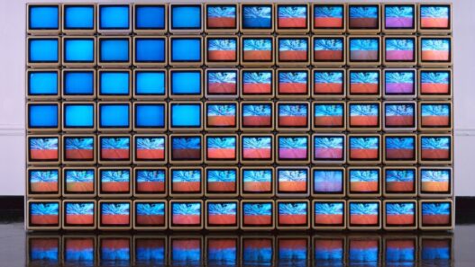 Nam June Paik, Video Flag Y, 1985. 84 ten-inch television sets, three Plexiglas cases, fans, LaserDisc players, LaserDiscs, and video tapes. 72 x 144 x 50 inches. JPMorgan Chase Art Collection. © Estate of Nam June Paik. Modern Art Museum of Fort Worth.