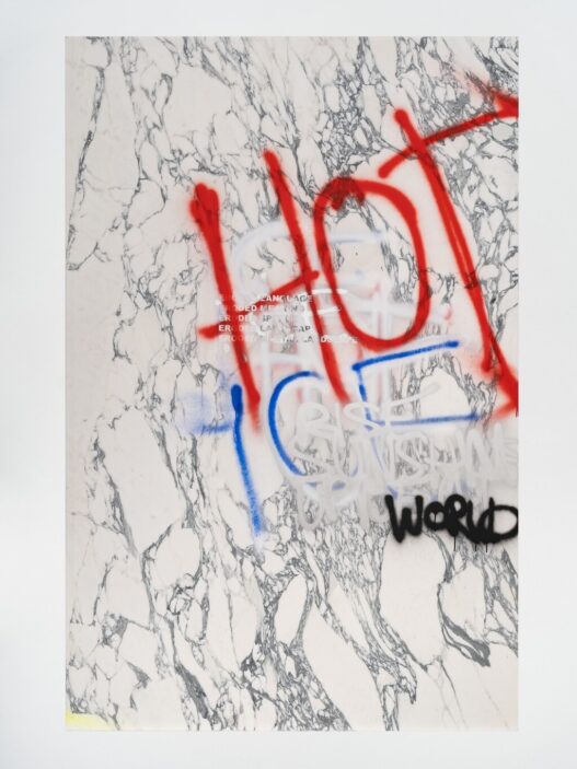 Stefan Brüggemann, ERODED PAINTING (HOT ICE), 2022. Spray paint on marble. © Stefan Brüggemann. Courtesy of the artist and Hauser & Wirth. Photo: Damian Griffiths.