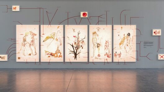 Mithu Sen, UnMYthU UnKIND(s) Alternatives, 2018. Mixed media on kozo paper, lightboxes, wall drawing, contracts, found objects 1270cm. Courtesy of the artist and Gallery Chemould, Mumbai. Australian Centre for Contemporary Art.