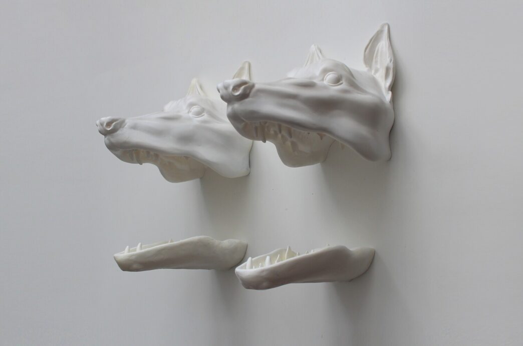 María Dusamp, Stray (I & II), 2020. Enamel on cast resin, each 9.5 x 6 x 8 in. (top) and 9 x 3.5 x 2 in. (bottom). On view at Dread/Dream. School of Visual Arts.