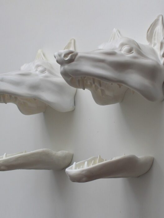 María Dusamp, Stray (I & II), 2020. Enamel on cast resin, each 9.5 x 6 x 8 in. (top) and 9 x 3.5 x 2 in. (bottom). On view at Dread/Dream. School of Visual Arts.