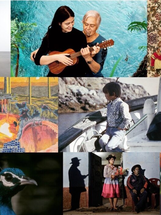 Works for Sharjah Biennial 15. Top row, from left: Pipo Nguyen-Duy, Yinka Shonibare, Kahurangiariki Smith, Nusra Latif Qureshi, Archana Hande. Middle row, from left: Pak Khawateen Painting Club, Carolina Caycedo, Inuuteq Storch, Pushpakanthan Pakkiyarajah. Bottom row, from left: Lavanya Mani, Amar Kanwar, Angela Ponce, Semsar Siahaan, Tahila Mintz. Courtesy of the artists.